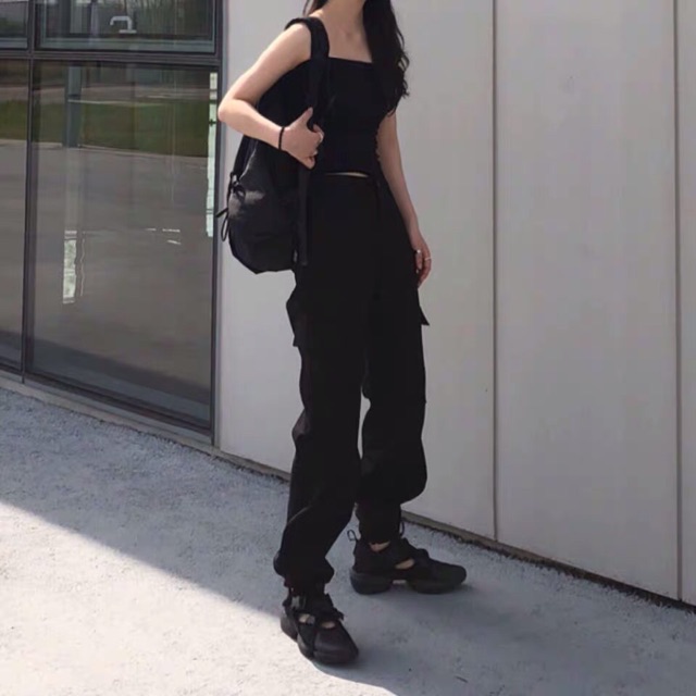 Quần jogger túi hộp eo cao hack chân màu trơn trắng đen cạp cúc hip hop Ulzzang siêu chất