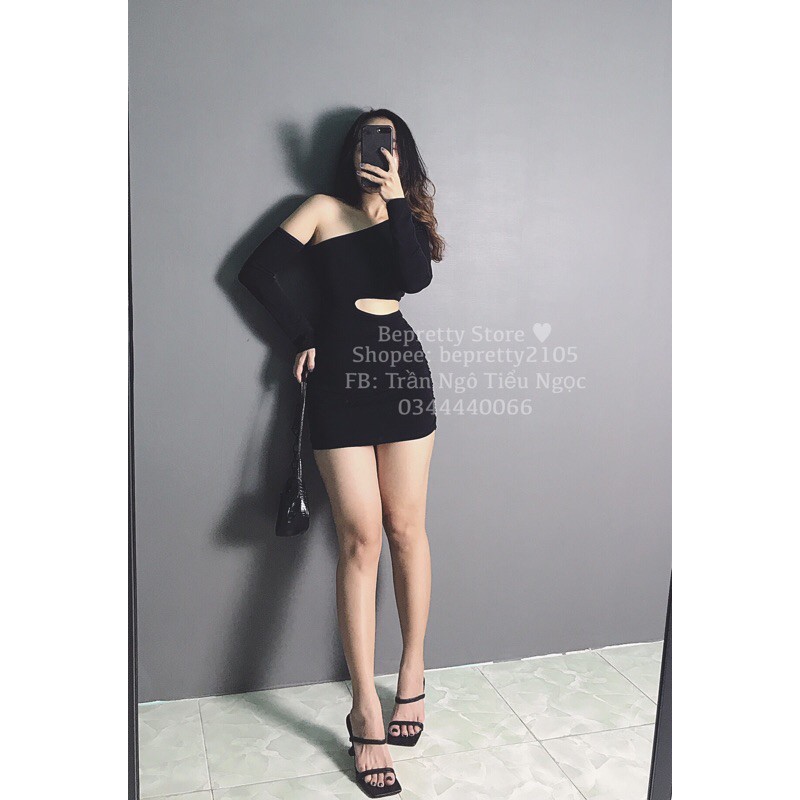 Đầm body hở vai khoét eo tay dài