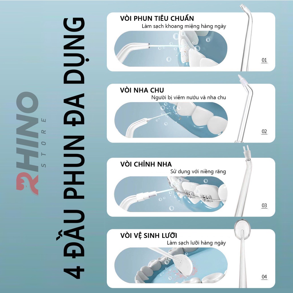 Máy tăm nước rửa răng thông minh Rhino T101 220ml 3 chế độ chăm sóc răng miệng cầm tay, có thể sạc