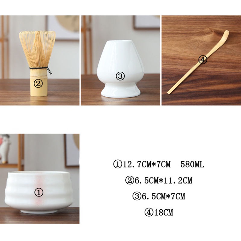 Bộ dụng cụ pha trà matcha bao gồm một phới khuấy trà một giá đỡ phới khuấy trà một muỗng và bát pha trà