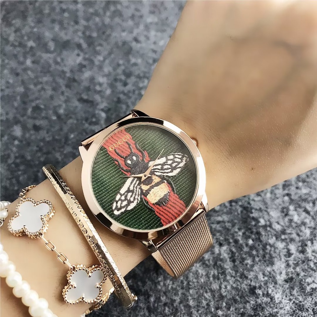 Đồng hồ đôi Mặt Tròn Họa Tiết Gucci Dây Da Thép Không Gỉ Thời Trang Cho Nam Và Nữ
