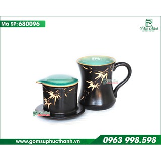 Phin cafe bằng gốm sứ và ly sứ men gốm lòng xanh Dương
