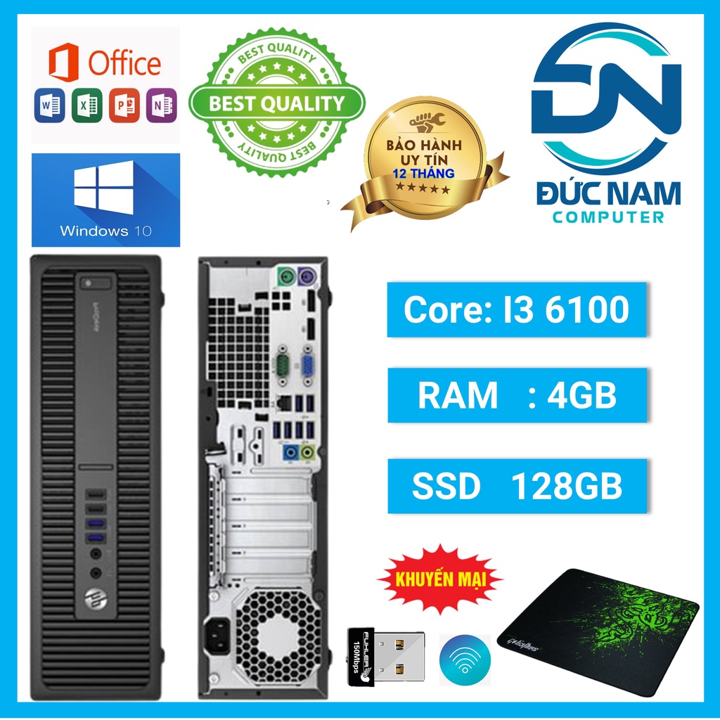MÁY TÍNH ĐỂ BÀN -ĐỒNG BỘ HP 600G2 (I3 6100 - Ram 4GB - SSD 128GB ) TẶNG USB Thu Wifi và Bàn Di CHUỘT