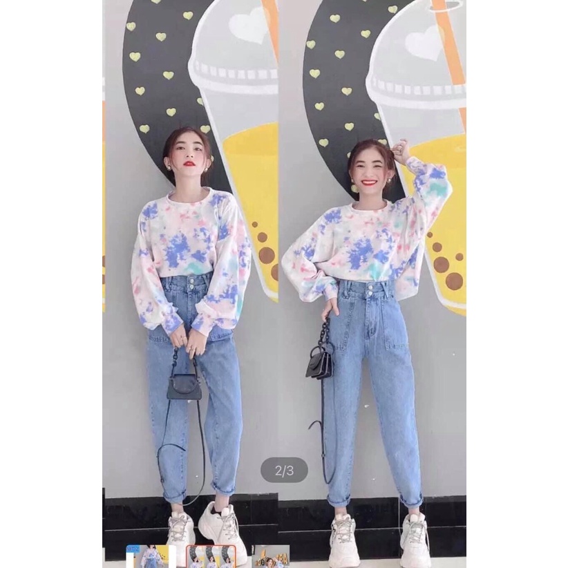 Quần jeans baggy bò nữ cạp cao 2 khuyu chất đẹp mặc hack dáng
