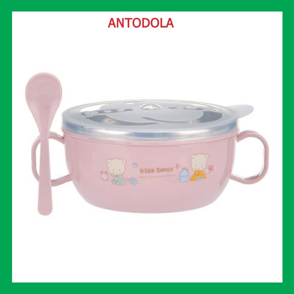 Bát Ăn Dặm Inox 2 lớp Cách Nhiệt Cho Bé Có Tay Cầm Nắp Đậy Kèm Thìa Muỗng, Chén ăn cháo, Bát Ăn Cơm
