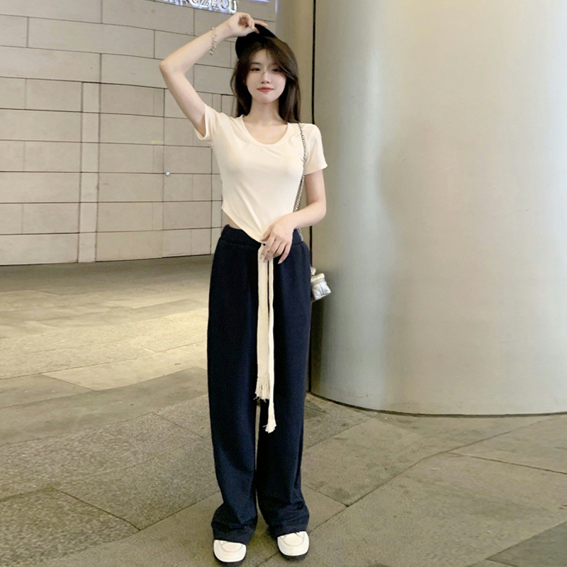 Quần Dài Thể Thao Lưng Thun Ống Rộng Rãi Màu Đen Thời Trang Hàn Quốc Sành Điệu Cho Nữ