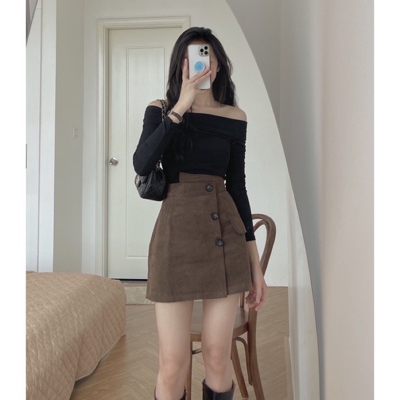 [ẢNH THẬT + VIDEO] Chân váy Nhung BASIC chữ A có quần trongDAQUY20chân váy chữ a nhung ba cúc siêu hot ôm vòng eo