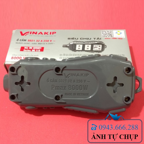 Ổ cắm điện siêu chịu tải 8000W Vinakip S021 32A 250V~ Chống cháy, chống vỡ, chịu tải lớn