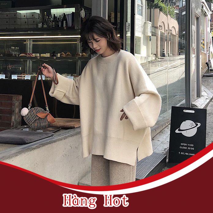 Áo len giữ ấm thu đông dáng rộng màu trơn phong cách Hàn Quốc cho nữ
