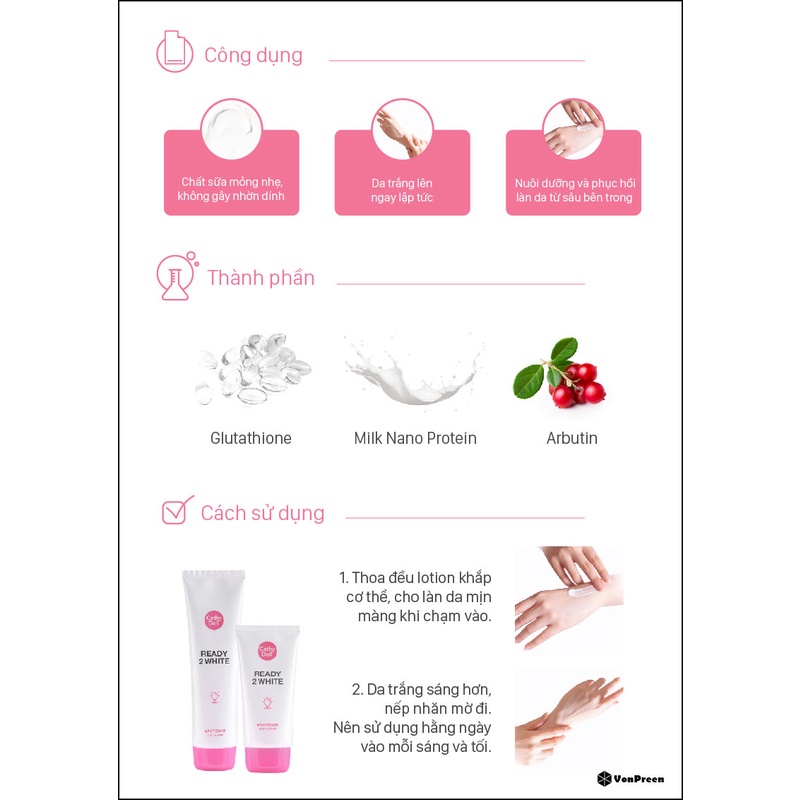 Kem Dưỡng Trắng Da Cathy Doll Ready 2 White 150ml mờ các vết đốm nâu, tàn nhang trên da, mang lại vẻ đẹp tươi tắn
