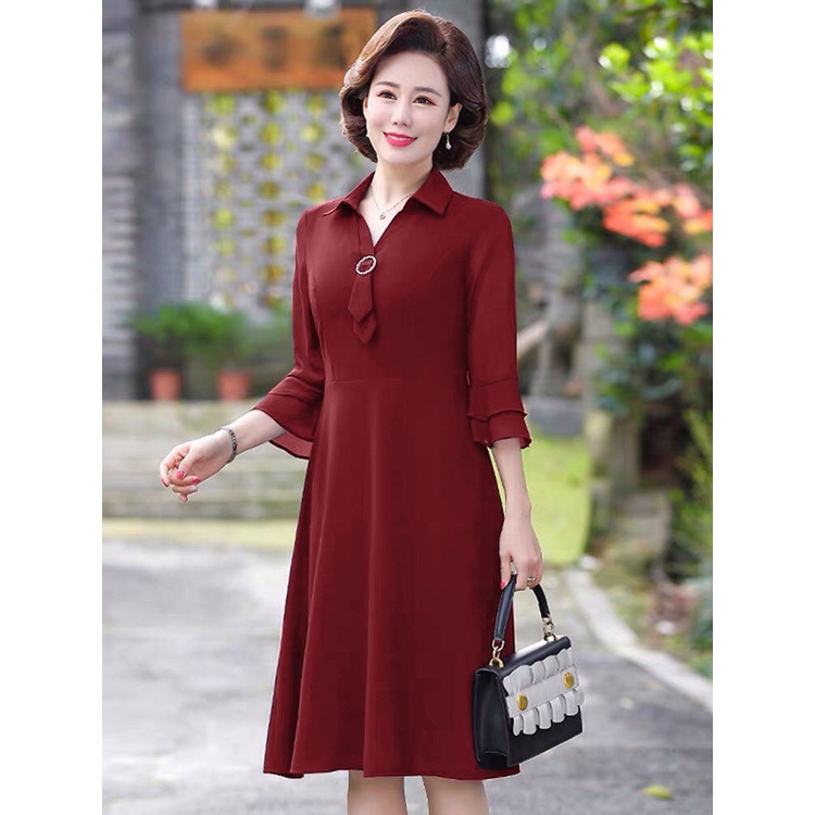 Đầm trung niên sang trọng u40 u50 dự tiệc cho mẹ chất liệu voan cổ sơ mi tay lỡ dáng suông qua gối đẹp thanh lịch