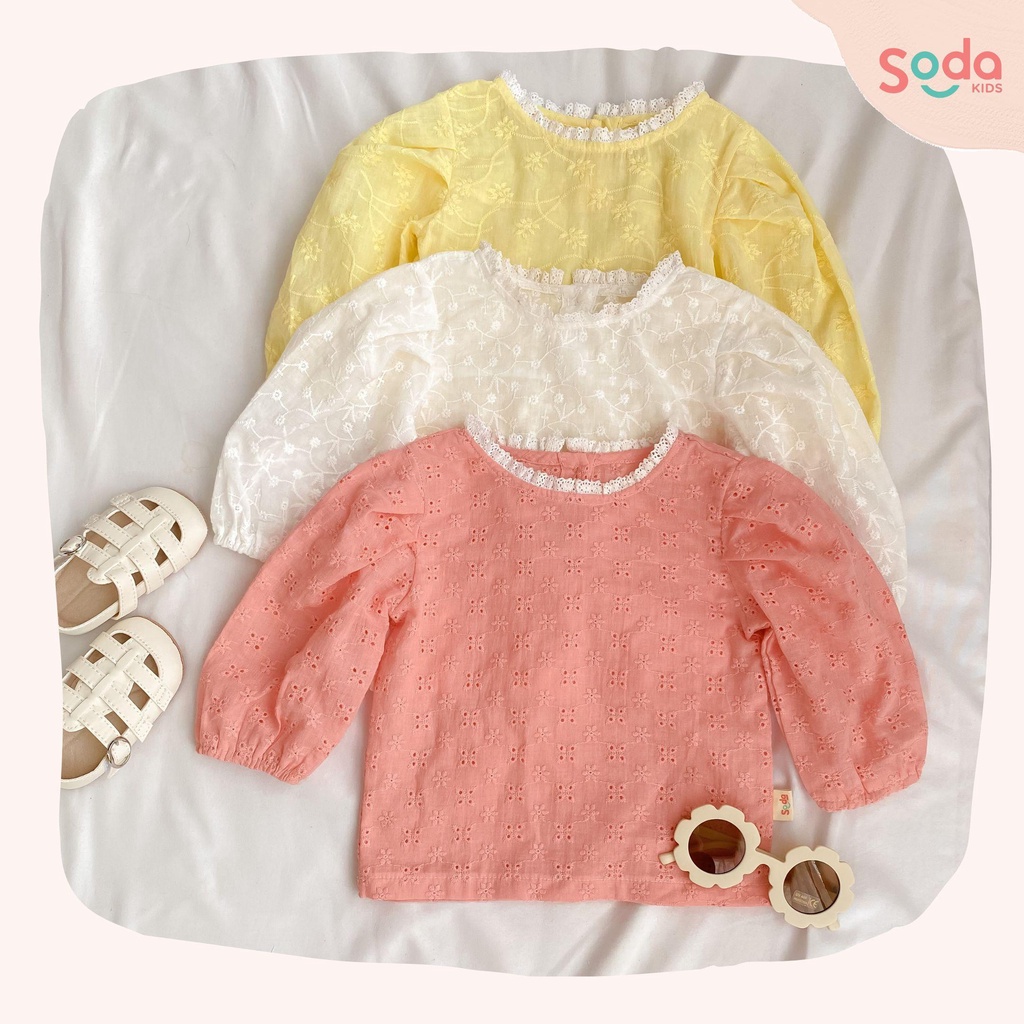 Áo bé gái cổ viền ren SODA KIDS, jasmine shirt chất liệu vải thô thêu mềm mại, mát