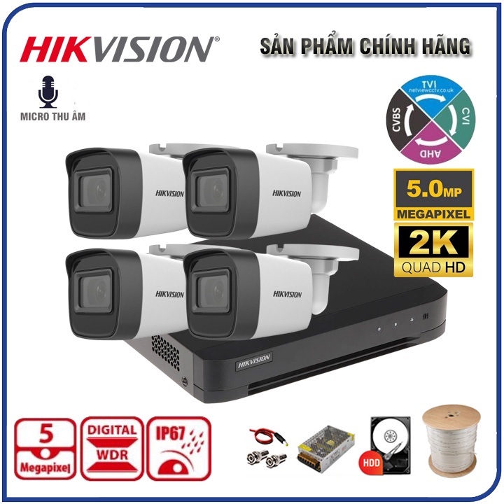Bộ Camera giám sát Hikvision 5MP Chính Hãng - Bộ [1 | 2 | 3 | 4] Camera 5MP kèm đủ Phụ kiện lắp đặt - Bảo hành 24 Tháng