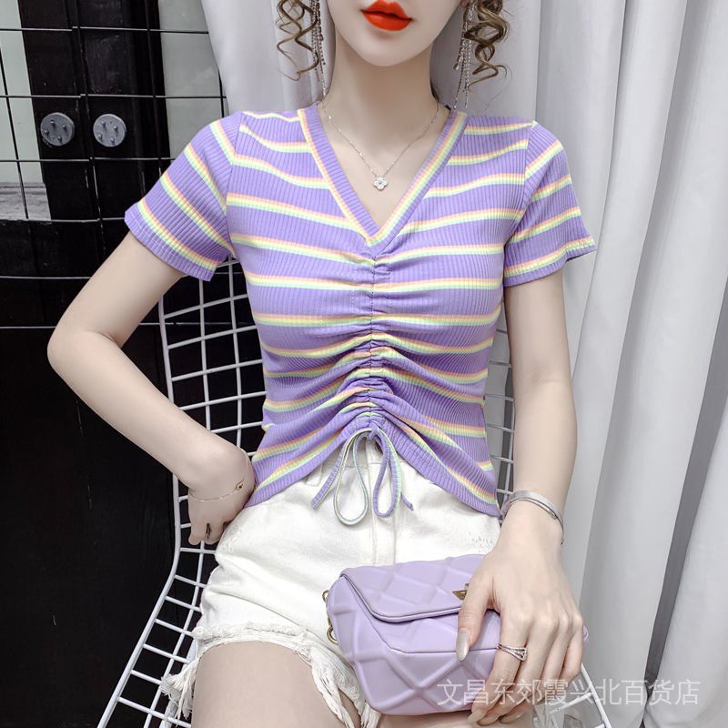Áo Thun Ngắn Tay Cổ Chữ V Họa Tiết Sọc Ngang Nhiều Màu Sắc Thời Trang Mùa Hè Dành Cho Nữ