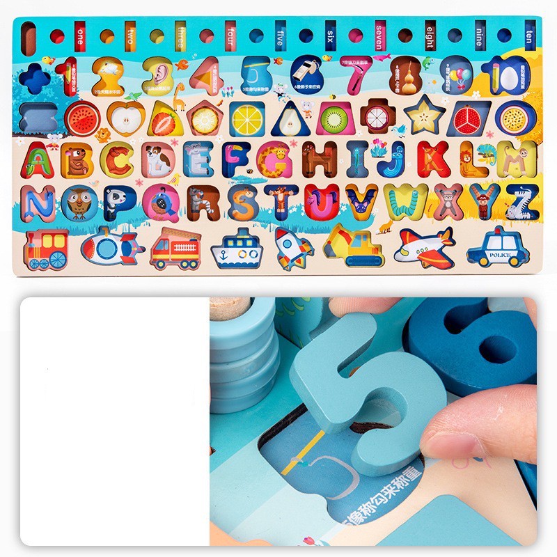 Bộ đồ chơi ghép hình bảng lôgarit câu cá 6 trong 1, bé có thể nhận biết hình dạng chữ cái, giao thông và các con số