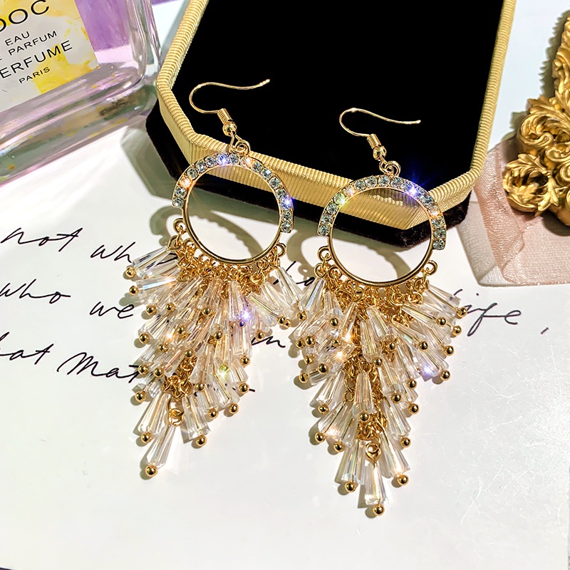 Đôi Khuyên Tai Dài Tua Rua Đính Đá Thời Trang Cho Nữ