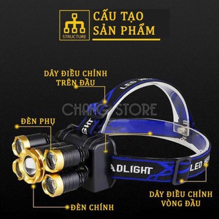 Đèn pin đội đầu đeo trán 5 bóng t6 siêu sáng kèm pin sạc siêu tiện lợi tutu.hahastore