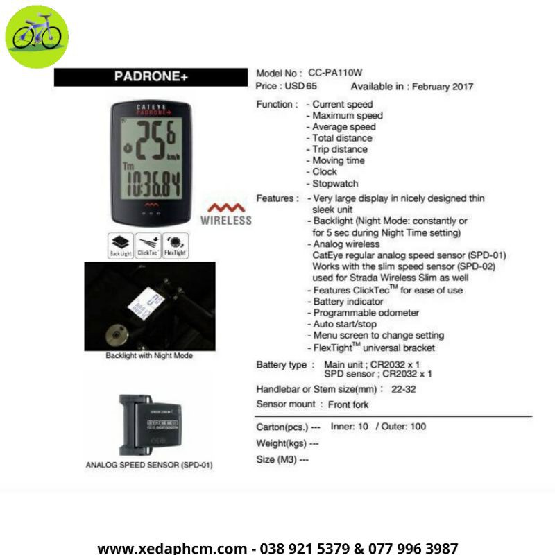 Đồng hồ đo tốc độ xe đạp không dây Cateye Padrone