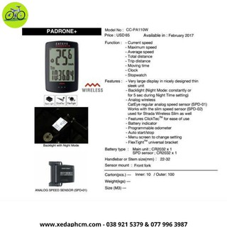 Đồng hồ đo tốc độ xe đạp không dây Cateye Padrone