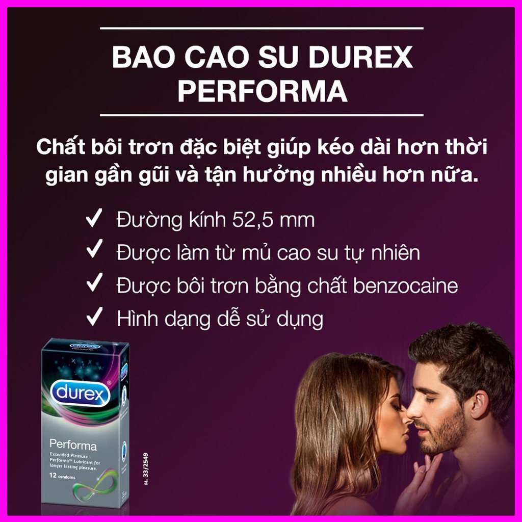 [Durex Performa] Bao Cao Su Durex Performa Chính Hãng Giúp Kéo Dài Thời Gian Yêu, Chống Xuất Tinh Sớm [CHE TÊN 100%]