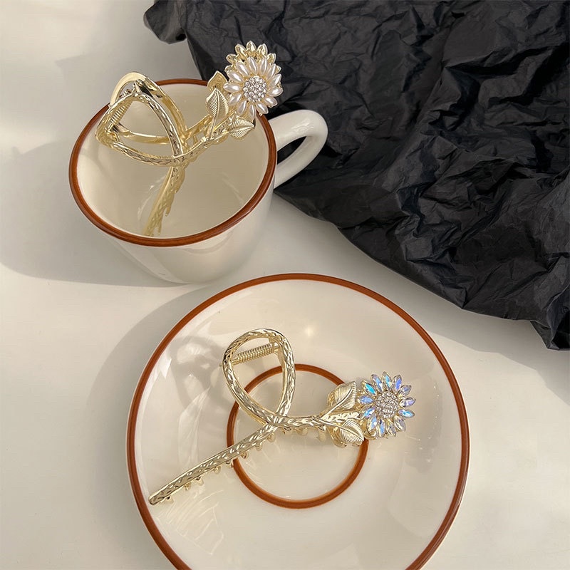 Kẹp tóc kim loại hoa hướng dương bản to và dài kẹp tóc sau đầu cho nữ phong cách nữ tính Hàn Quốc