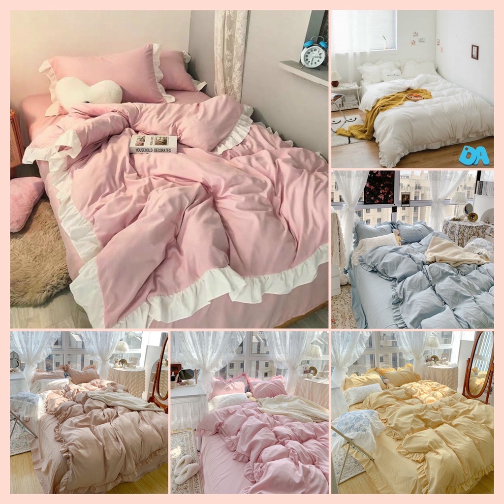Chăn ga gối cotton bèo decor phong cách Hàn Quốc - bèo hồng viền trắng nhiều size 1m, 1m2, 1m4, 1m6, 1m8, 2m2