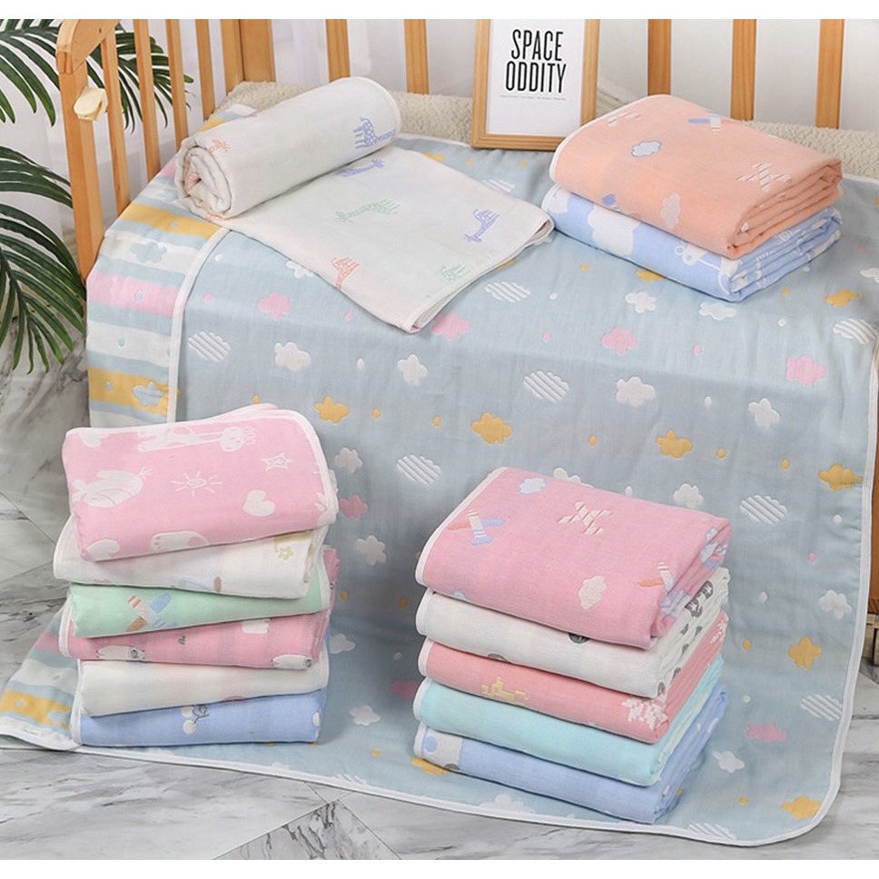 Chăn cho bé 6 lớp cotton muslin nhiều  họa tiết 2 mặt 110x110cm, hoa văn dê thương.