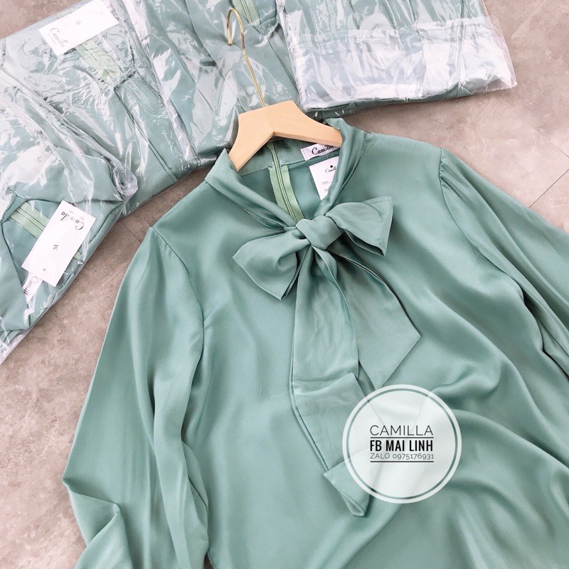 ⚡️LỤA MỀM⚡️Áo sơ mi lụa xanh cổ nơ | BigBuy360 - bigbuy360.vn