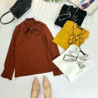 Sơ mi lụa cổ nơ viền