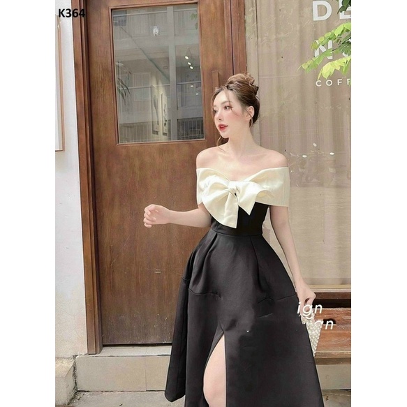 Đầm thời trang nữ mặc đi tiệc chất tapta cao cấp có nơ to trễ vai ôm eo dáng váy xoè