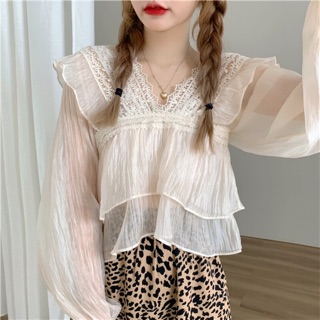 Áo / Đầm Voan Tơ Lụa Bóng Phối Ren Cổ V Bánh Bèo