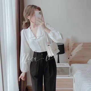 Áo sơ mi lụa cổ đính chuỗi ngọc tay dài!