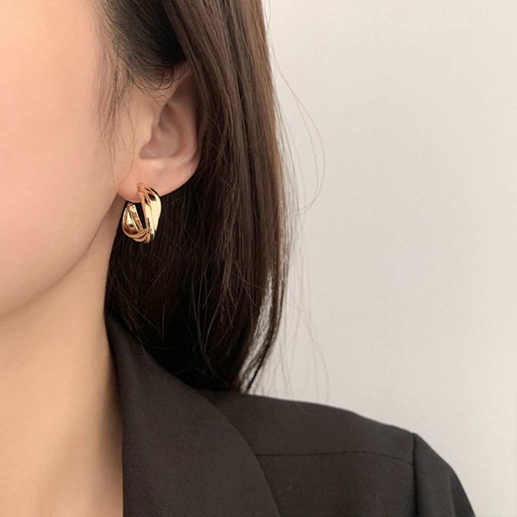 Bông tai hình chữ C bằng kim loại mạ bạc 925 phong cách châu Âu đơn giản nhẹ nhàng cho nữ