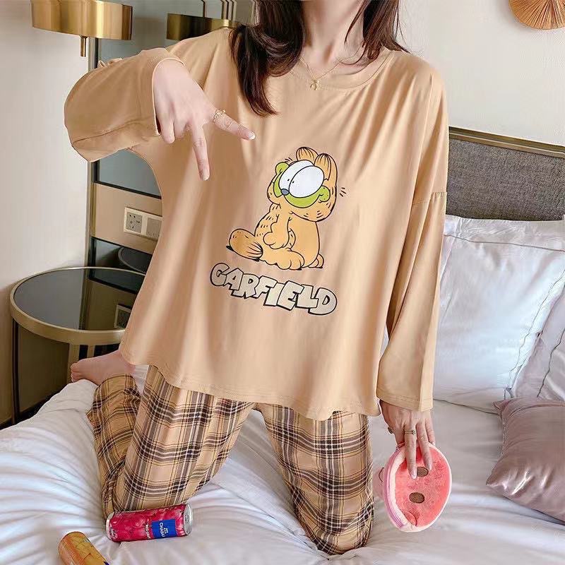 Đồ bộ thun tay dài Quảng Châu, pijama quần dài, đồ mặc ở nhà họa tiết hoạt hình dễ thương