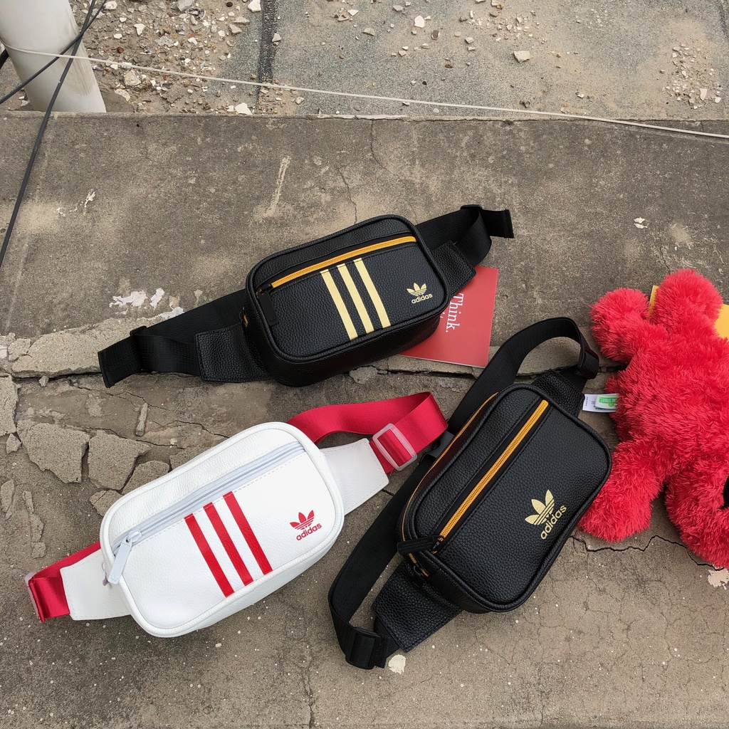 Adidas  high quality leather waist strap bag double sports chest men's bag women's bag black and white strap shoulder bag waist bag