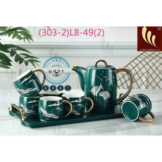 Bộ ấm chén kèm khay sứ viền vàng pha trà họa tiết chim xanh