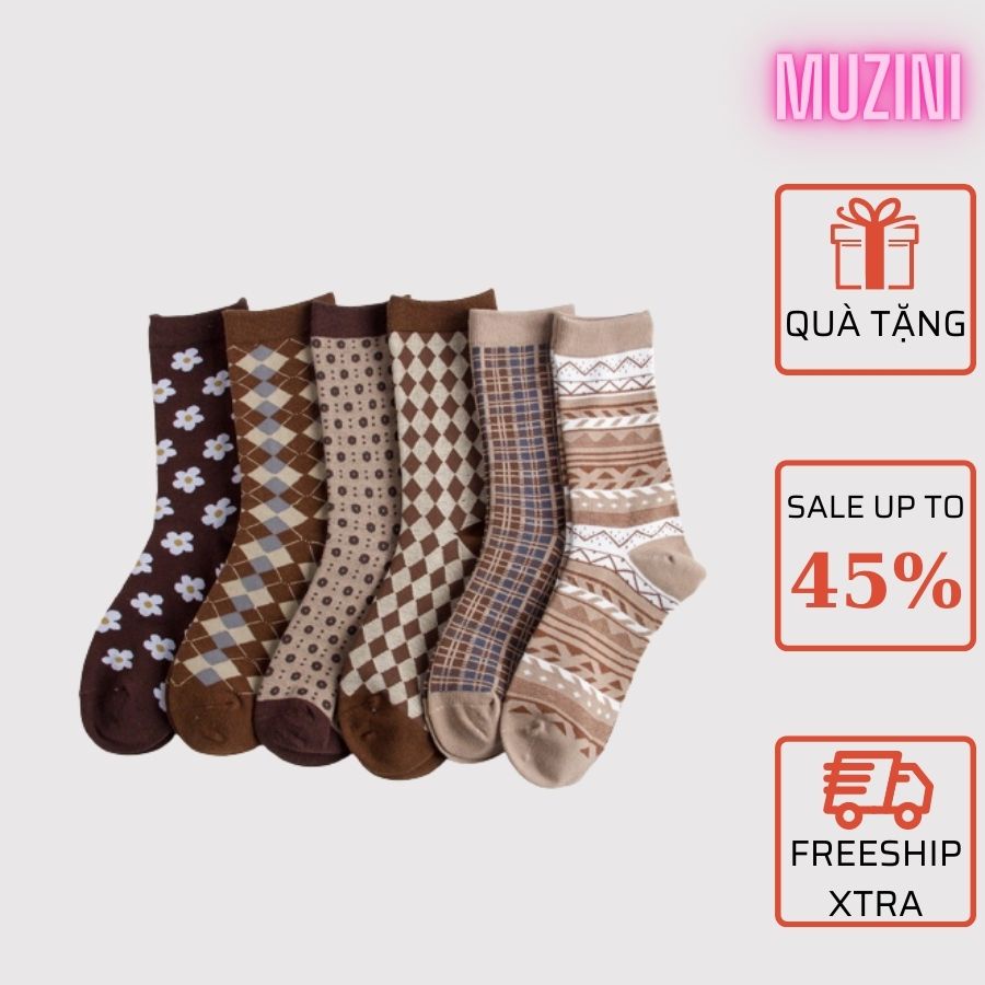 Tất thổ cẩm Muzini vớ nữ phong cách vintage dễ phối chất len cao cấp TN143