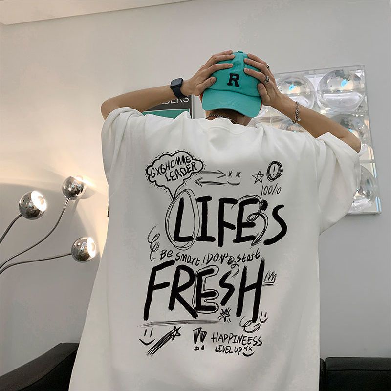 Áo Thun Tay Ngắn Dáng Rộng Họa Tiết Chữ Graffiti Thời Trang Mùa Hè Cá Tính Cho Nam