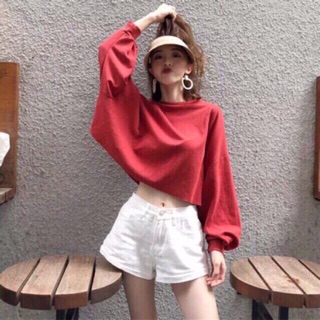 Áo kiểu croptop thun rộng tay dài cổ tròn
