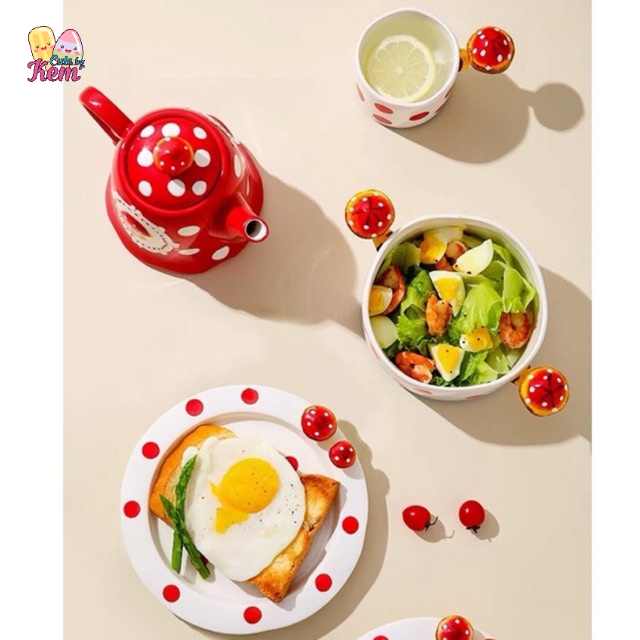 Ấm trà, cốc hình nấm, đĩa, tô sứ có tay cầm hình nấm đáng yêu