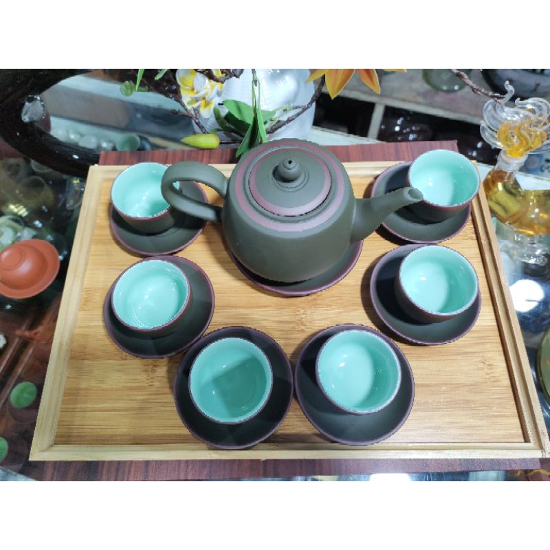 Bộ ấm trà Bát Tràng - ấm búp sen xanh
