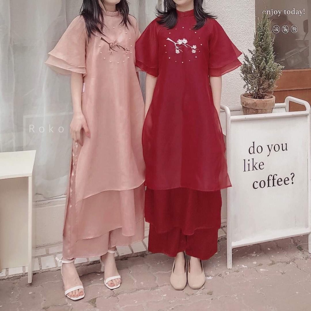 Áo Dài , Áo Cách Tân Thêu Cành Đào  Tròn Cho Các Nàng Yêu Thích , Mã A25