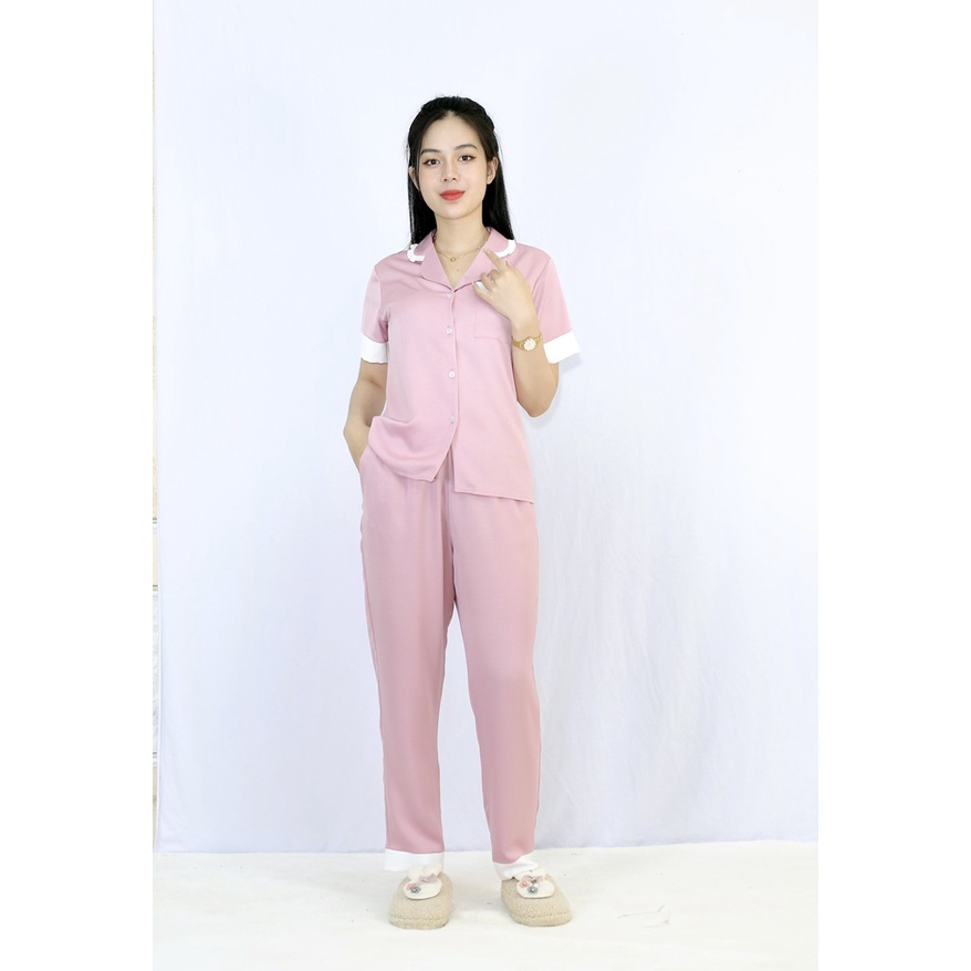 Bộ đồ bộ Pijama màu HỒNG RUỐC CỔ SAU NHÚN BÈO  tay ngắn quần dài vải lụa tuyết co giãn nhẹ - Thoải Mái Nhẹ Nhàng