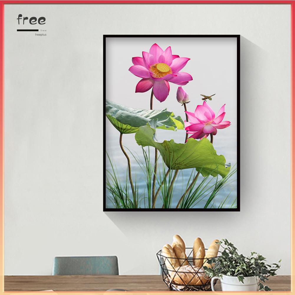 Bộ tranh đính đá tròn 5D DIY toàn bộ hình hoa sen và chuồn chuồn thủ công nghệ thuật dành cho trang trí nhà cửa