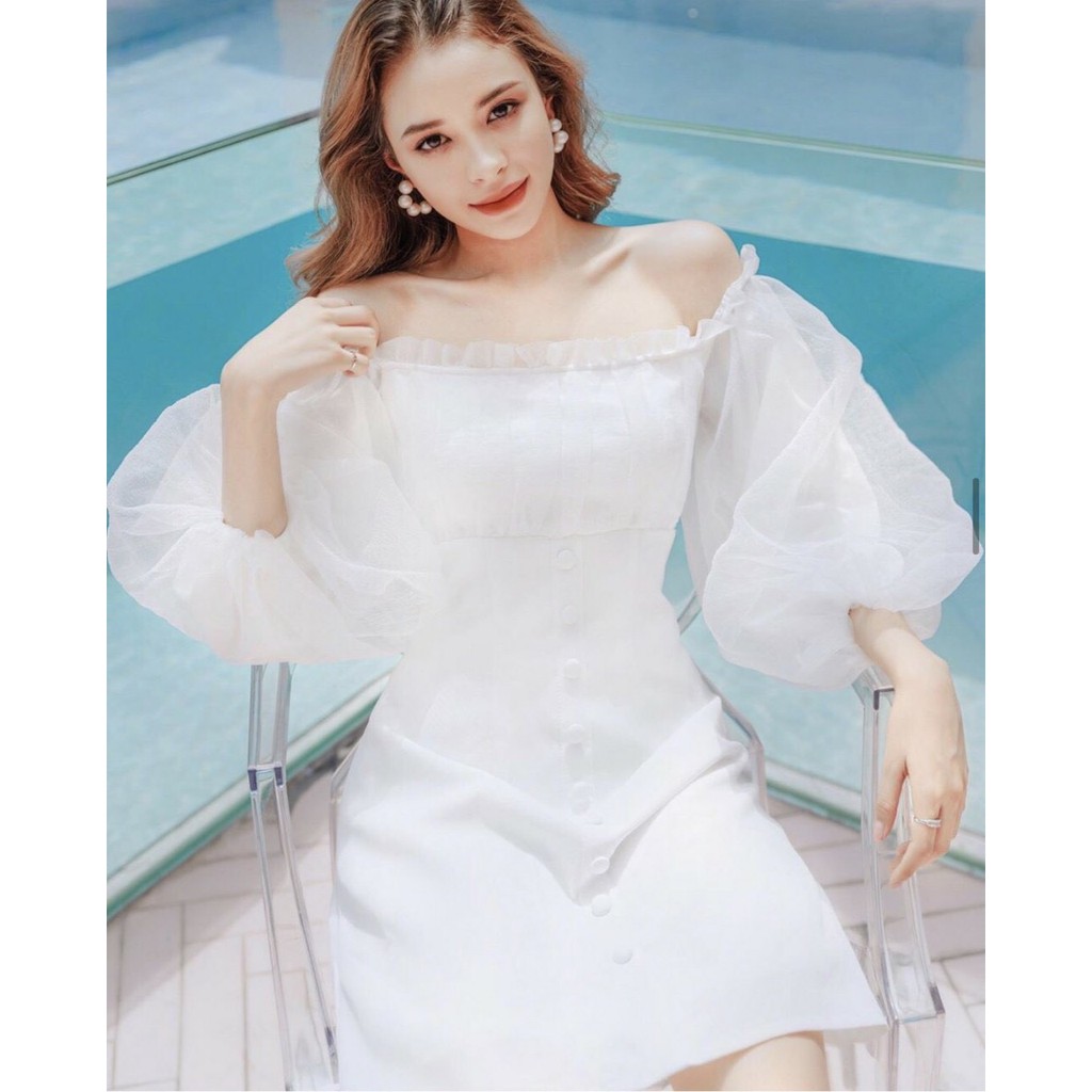Đầm dạo phố bánh bèo trễ vai phối nút - Susan dress | BigBuy360 - bigbuy360.vn