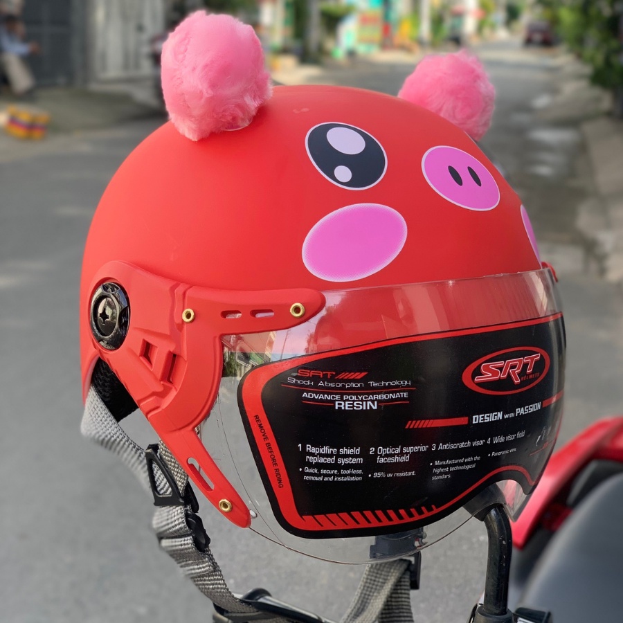 Mũ bảo hiểm nửa đầu trẻ em SRT kính càng heo đỏ có tai từ 5-9 tuổi