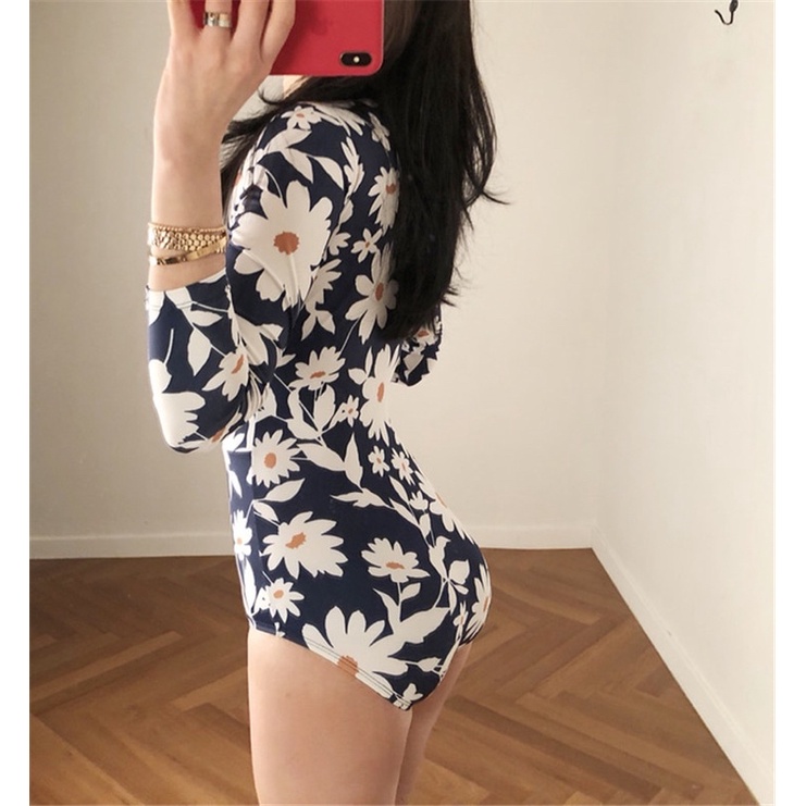Bộ bơi nữ liền 1 mảnh , đồ bơi nữ dài tay kéo khoá hoạ tiết hoa lớn