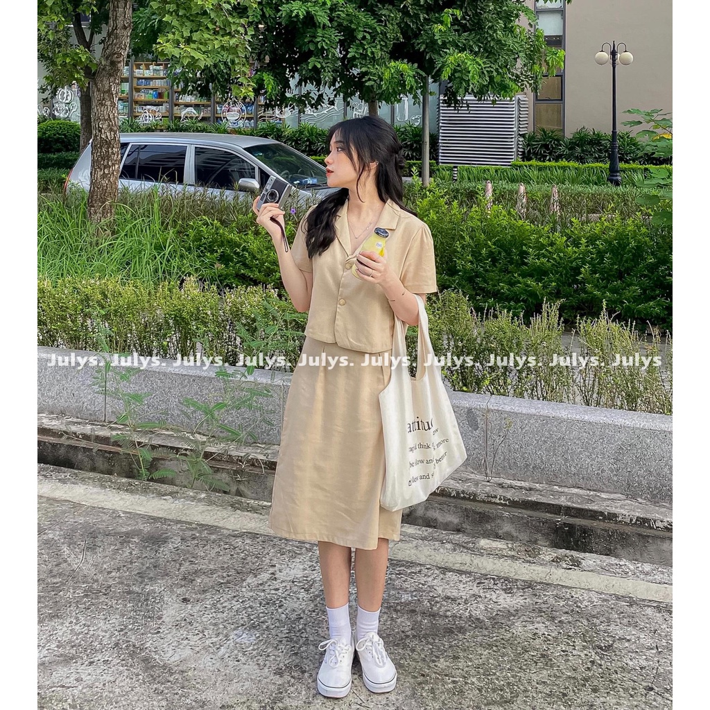 Set áo cổ vest thô kèm chân váy vintage (ảnh thật kèm video)