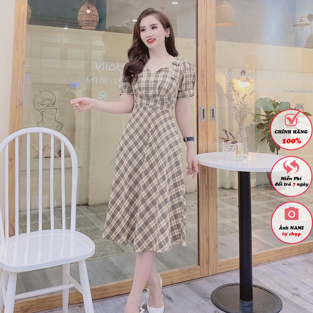 Váy Đầm Kẻ Sọc Caro Dáng Suông Tay Lỡ Phong Cách Đầm Nữ Đi Làm Siêu Xinh