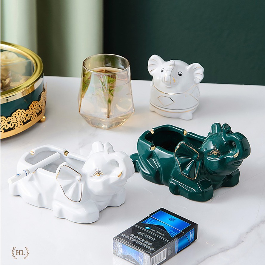 TĂM SỨ | GẠT TÀN SỨ | SET TĂM GẠT TÀN SỨ TẠO HÌNH CON VOI KẺ VÀNG KIM CAO CẤP | Hũ đựng tăm chất liệu sứ